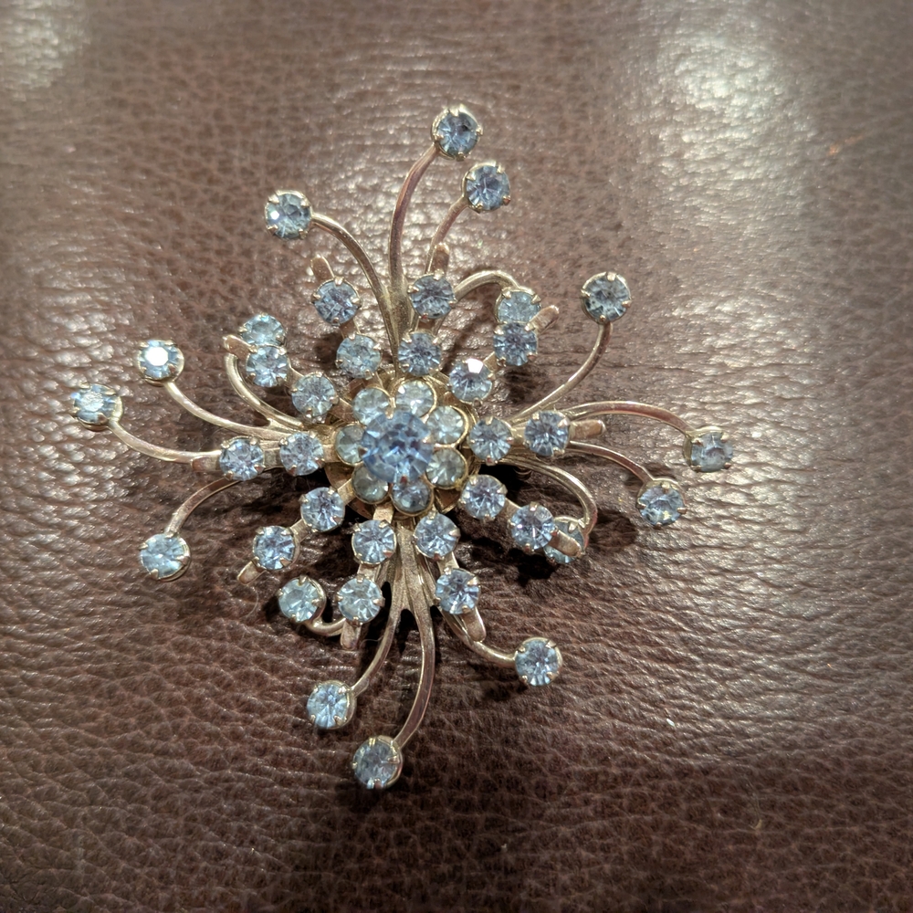 Vintage Sparkling Silver Tone and Blue Gemstone Brooch 1950 s 2" In Diameter
